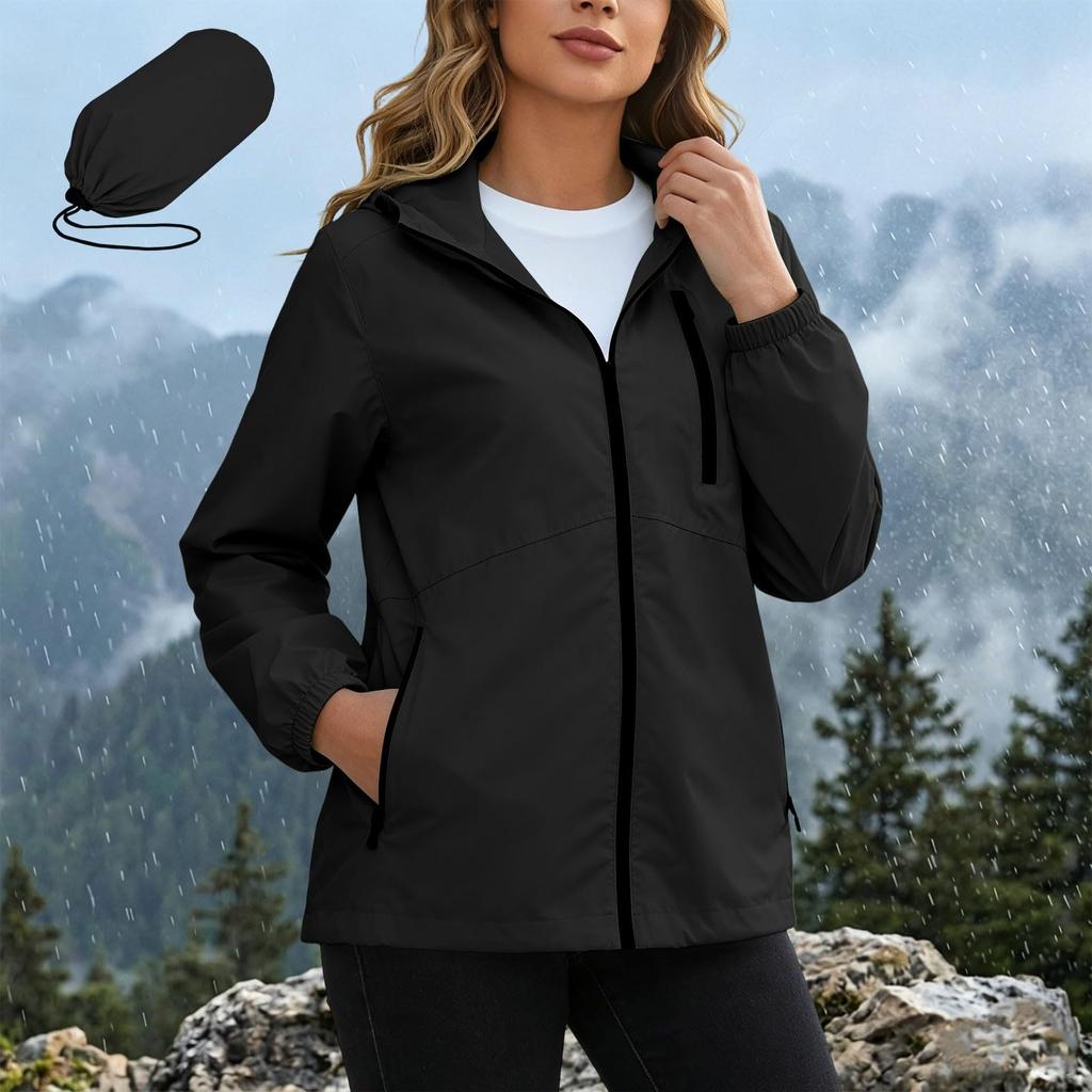 Women's Waterproof Windbreaker Jacket Hooded Outdoor Lightweight Zip Up Windproof Coat with Pockets for Hiking Camping