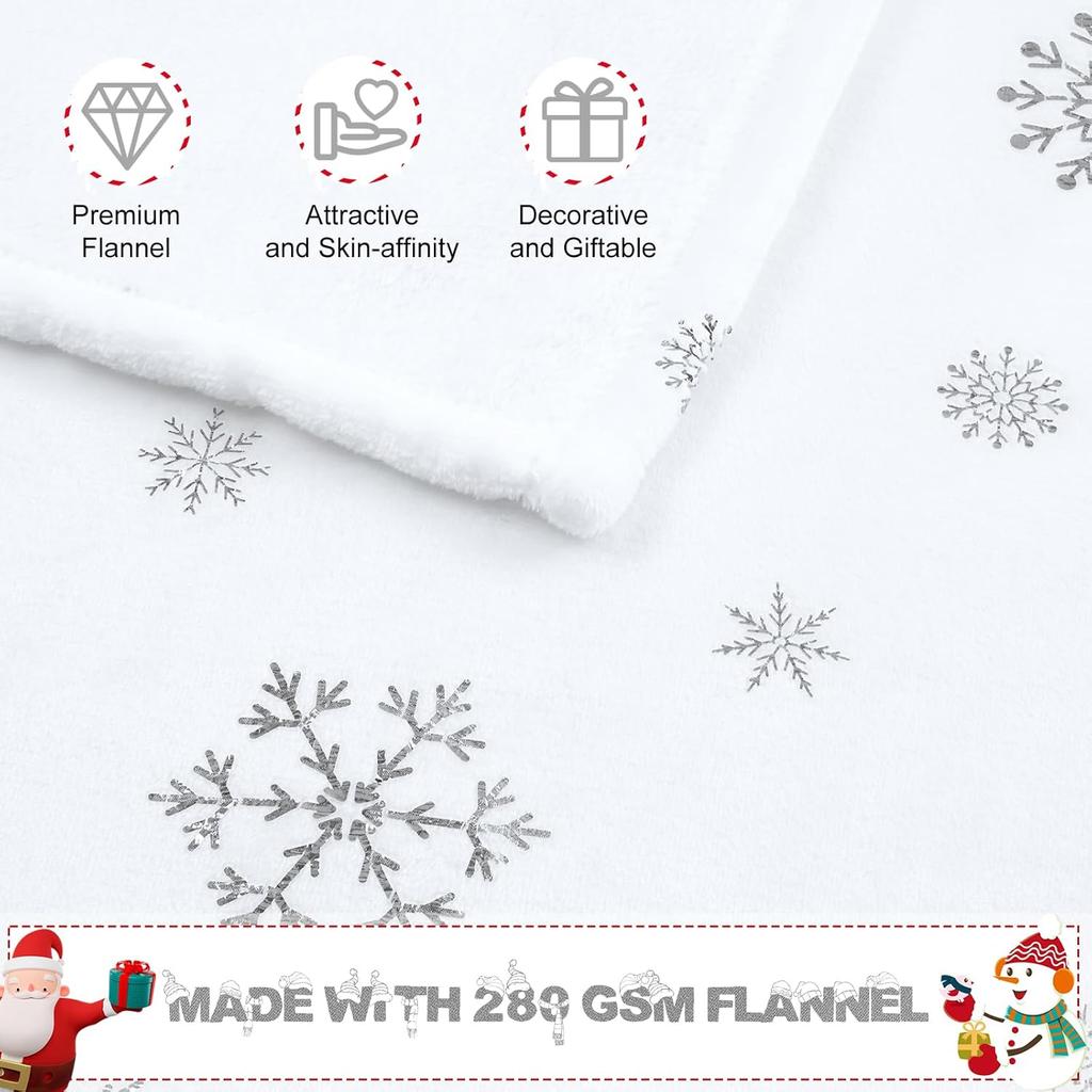 FRAMICS Christmas Throw Blanket, Soft White Winter Fleece Blanket Throw, Silver Snowflake Warm Fuzzy Flannel Blanket for Couch Sofa Decorative