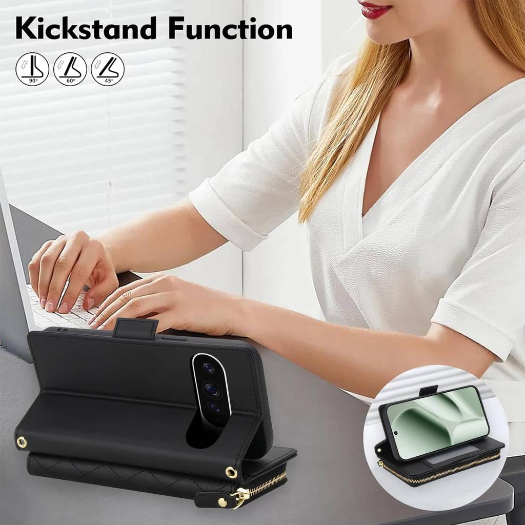 Crossbody Wallet Case for Google Pixel 10 9 Pro XL 9A 8A 8 Pro RFID Blocking Zipper Flip Cover Card Holder Kickstand Purse