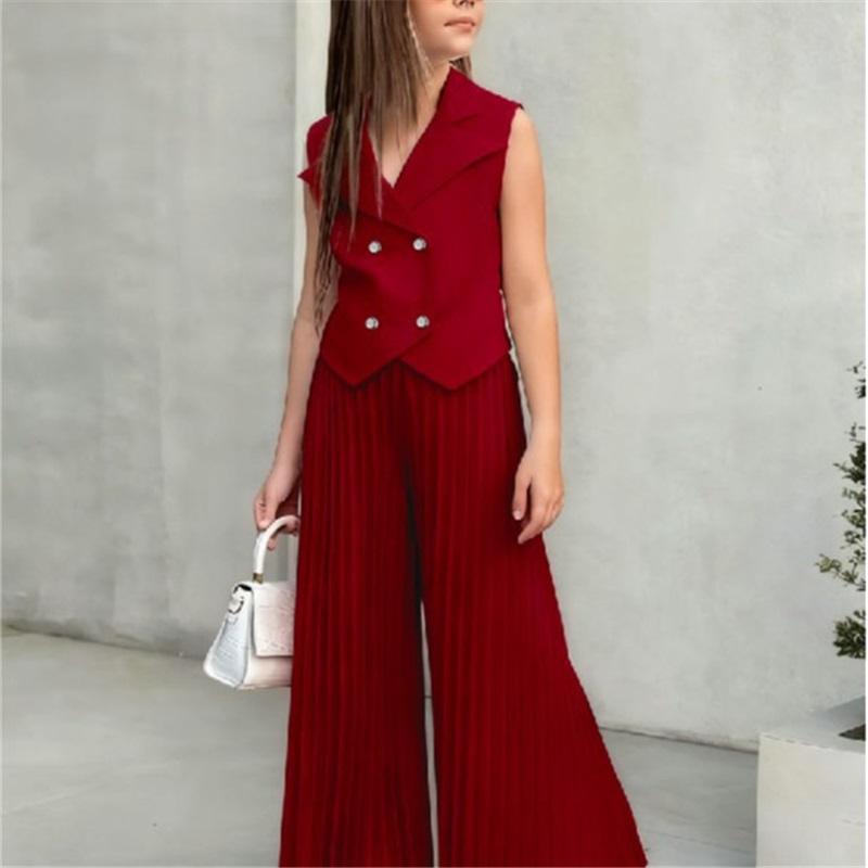 Girls' Fashionable Suit Set: Summer Sleeveless Top + Wide-Leg Pants Set
