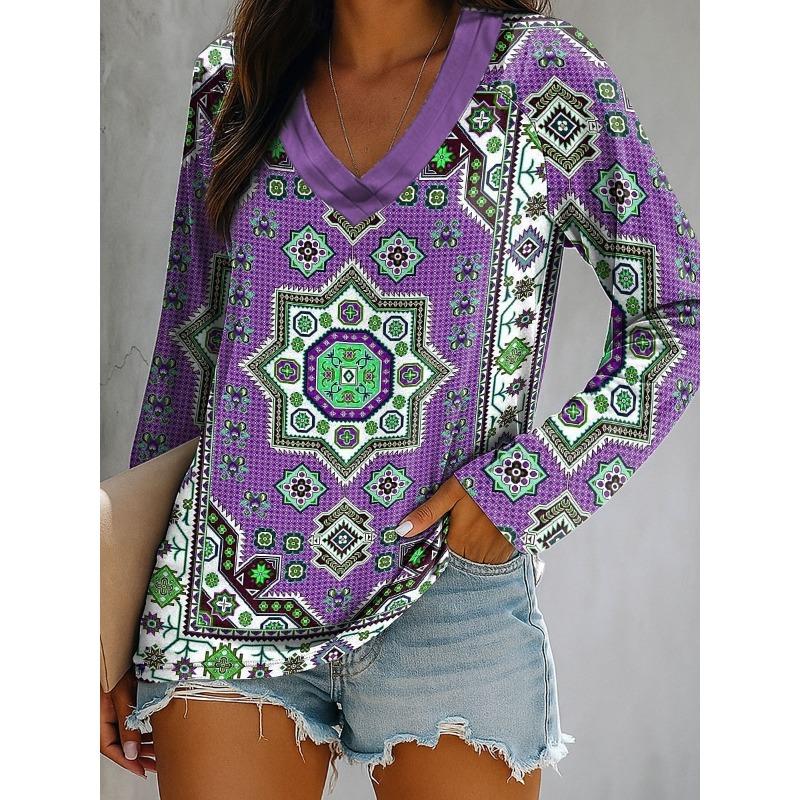 2025 Women's T-Shirt Graphic Geometric Paisley Elegant Fashion Tee Long Sleeve T-shirts V-Neck Regular Tops Pullover Fall Winter