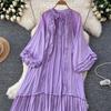 Lanterna Vintage Allacciatura Ruffle Vestito Maniche Lunghe Elegante Ampio Scollo O Moda Coreana High Street Abbigliamento Donna