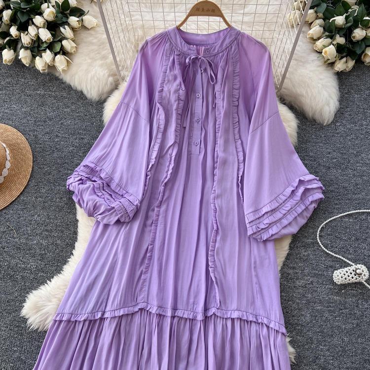Lanterna Vintage Allacciatura Ruffle Vestito Maniche Lunghe Elegante Ampio Scollo O Moda Coreana High Street Abbigliamento Donna