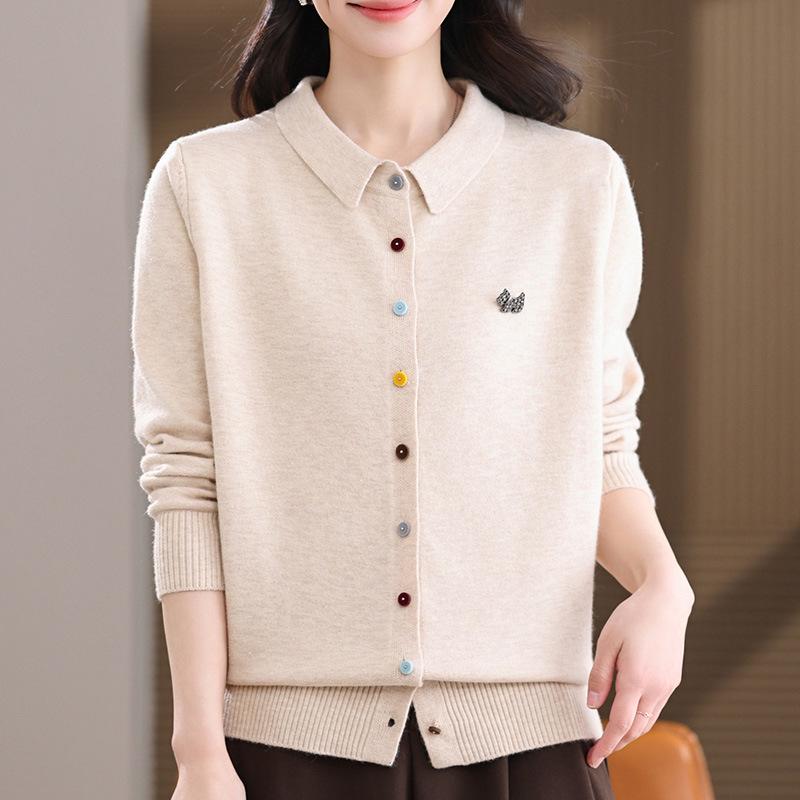 

Lapel Women s Knit Top for Middle-Aged and Elderly (40-60 years) - Stylish Long Sleeve Wool Sweater for Moms 5XL (Recommended 140-155 jin)