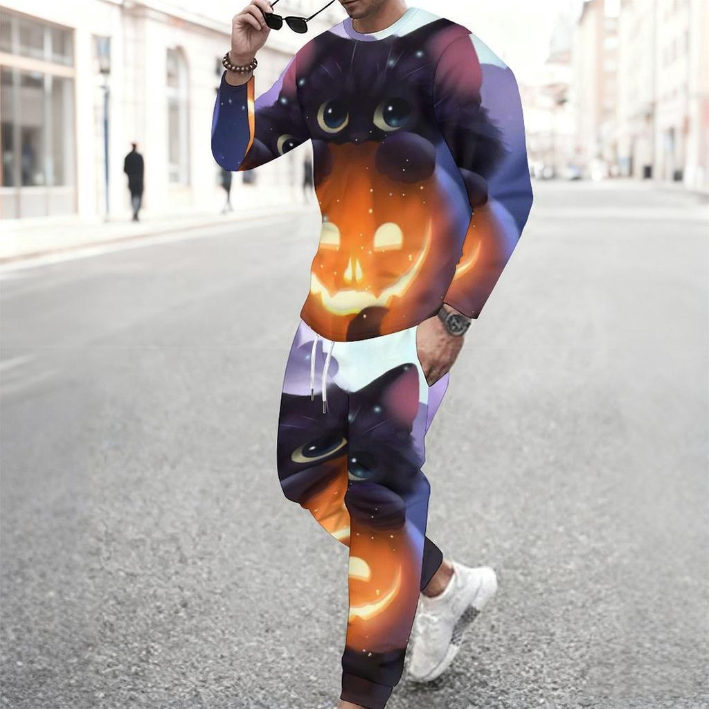 Men Orange Color Block Leopard Pumpkin Sunflower Print Long Sleeve Sweatshirt Jogger Pants Two Piece Suit