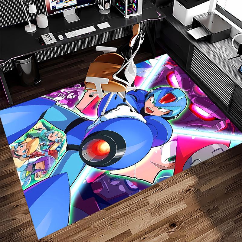 1pc Cartoon Rockman Game Megaman Print Area Rug - Soft, Washable Non-Slip Indoor Mat for Office Chairs, Living Room, Home Office Decorative Rug