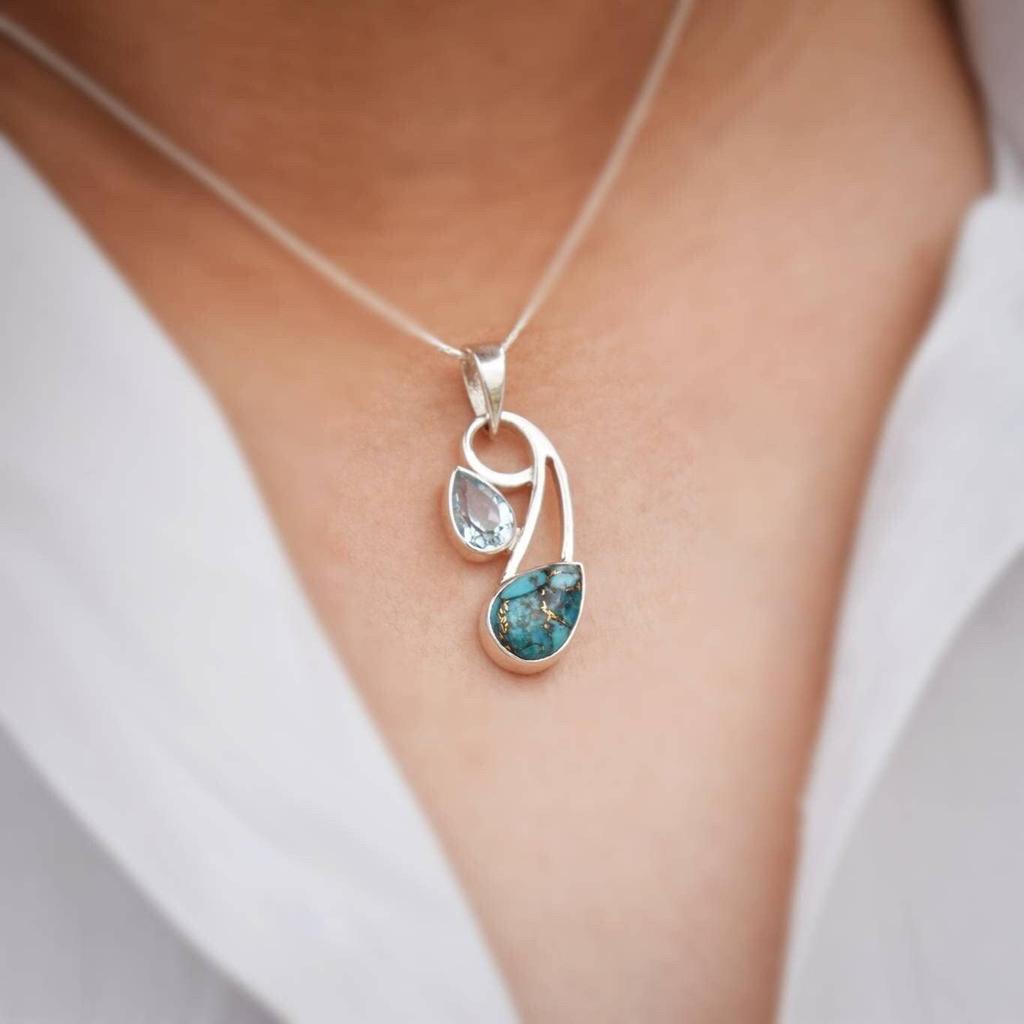 Turquoise & Topaz Pendant: 925 Sterling Silver Jewelry Gift