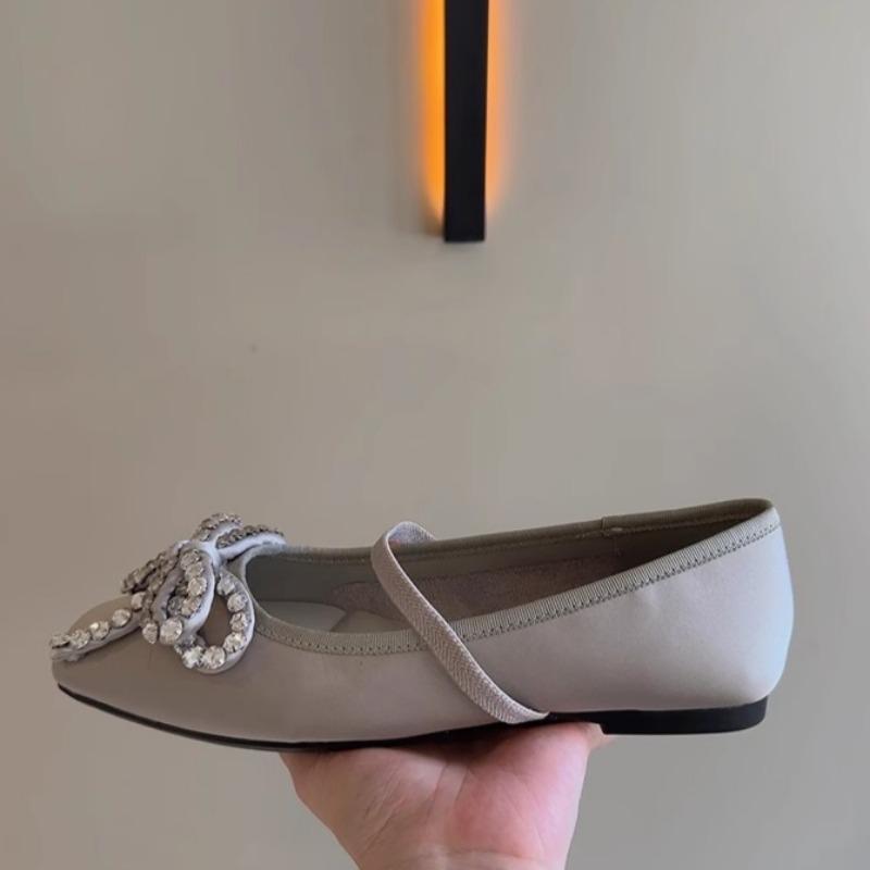 Fashion Square Head Shallow Mouth Diamond Butterfly Knot Flat Shoes Spring New Soft Sole Anti-slip Wear-resistant Single Shoes