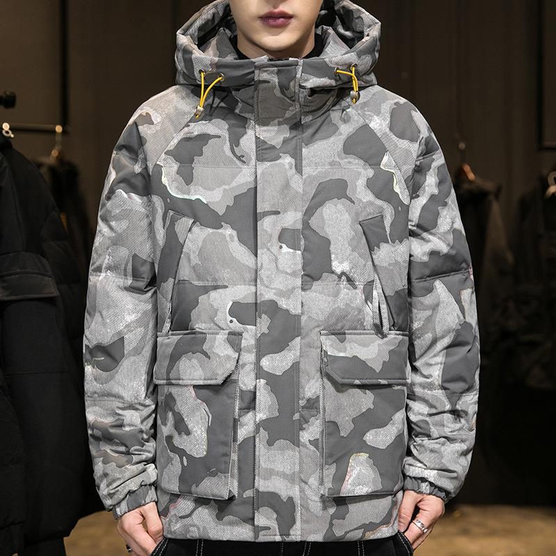 

2025 New Down Jacket Men s Winter Trend Top Hooded Jacket Men s Thickened Warm Camouflage Couple Men s Clothing M сірий колір