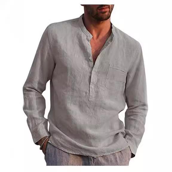 Men's Long-sleeved V-neck Casual Beach Linen Shirt Men's New Versatile Thin Models of Fashion Shirt Tops
