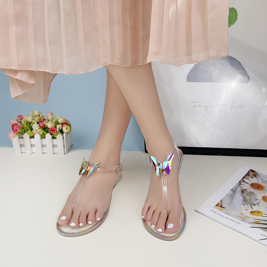 Damen flache Sandalen Schmetterling Dekoration Jelly Slippers Transparentes PVC Bequem für draußen Strand
