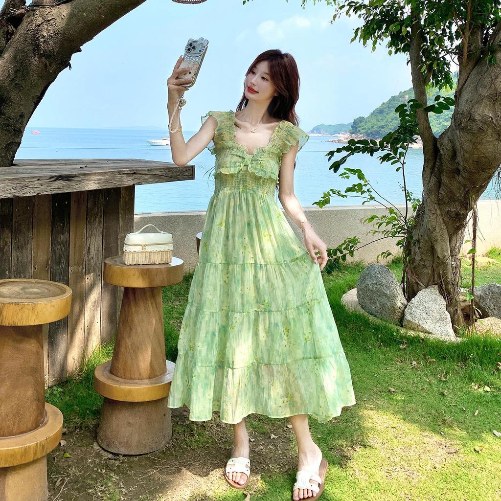Women Green Floral Maxi Dress, Ruffle Sleeve Tiered Vacation Dress