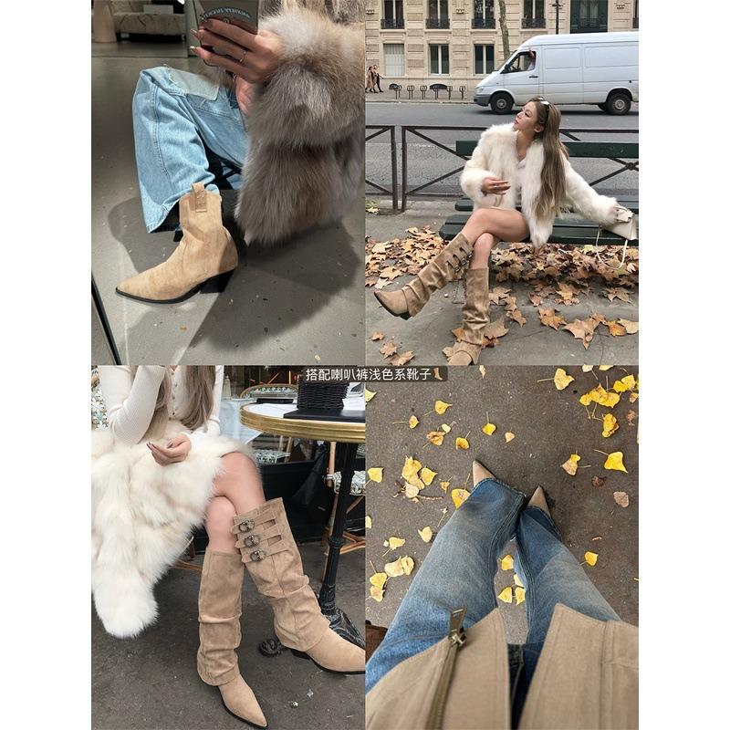 Cowhide version ~ genuine leather detachable two boots, female pointed knight boots, punk style stacked western cowboy boots