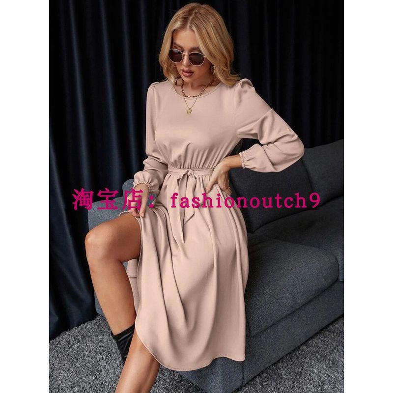 

2025 Lantern Sleeve Back Lace up Satin Dress Skin color M