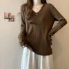 Women's Plus Size Ribbed V-Neck Long Sleeve T-shirt - Slimming, Loose Fit, Thickened for Warmth, Ideal for Autumn and Winter.