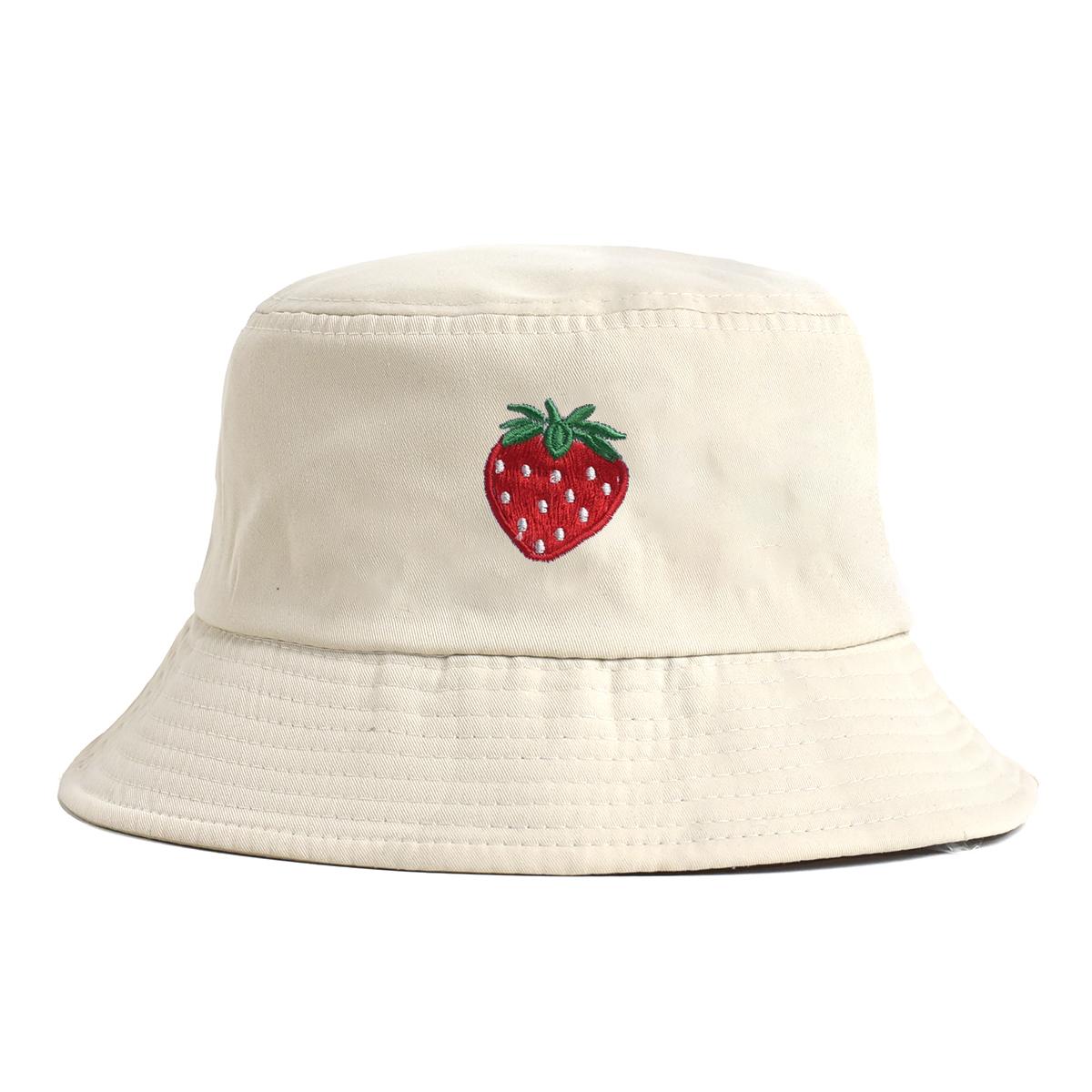 Chapeau de pêcheur fraise brodé pour femme, été, polyvalent, amincissant pour le visage, protection solaire, chapeau bob tendance beige