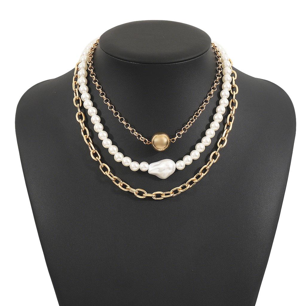 European and American Fashion Multi-layer Pearl Mixed and Matched Chain Necklace, Retro Geometric Beads Stacked Collarbone Chain Women
