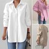 Elegancka Bluzka Wiosenna Stylowa Damska Koszula z Kołnierzykiem Długim Rękawem Luźne Jednolite Rozcięty Dół Top Oversize OL Koszula Robocza Bluzki