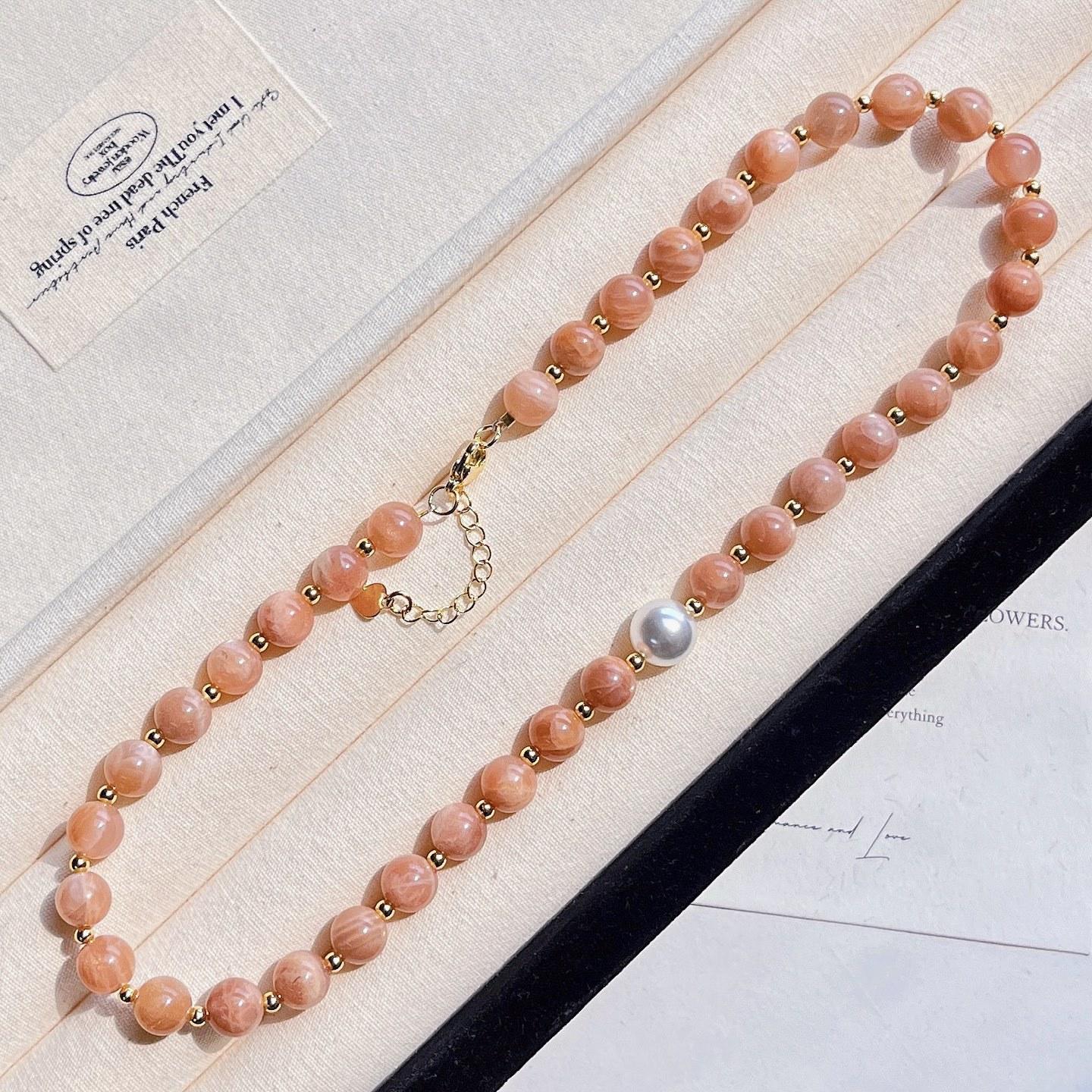 8Mm High Quality Natural Golden Sand Orange Moonstone Crystal Necklace Collarbone Chain