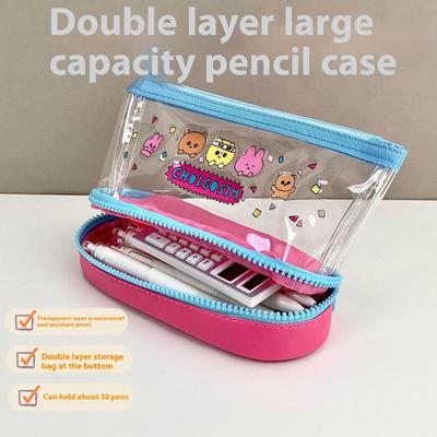 Multifunctional Pencil Case Double Layer Transparent Large Capacity Pen Bag School Student Supplies Stationary Organizer