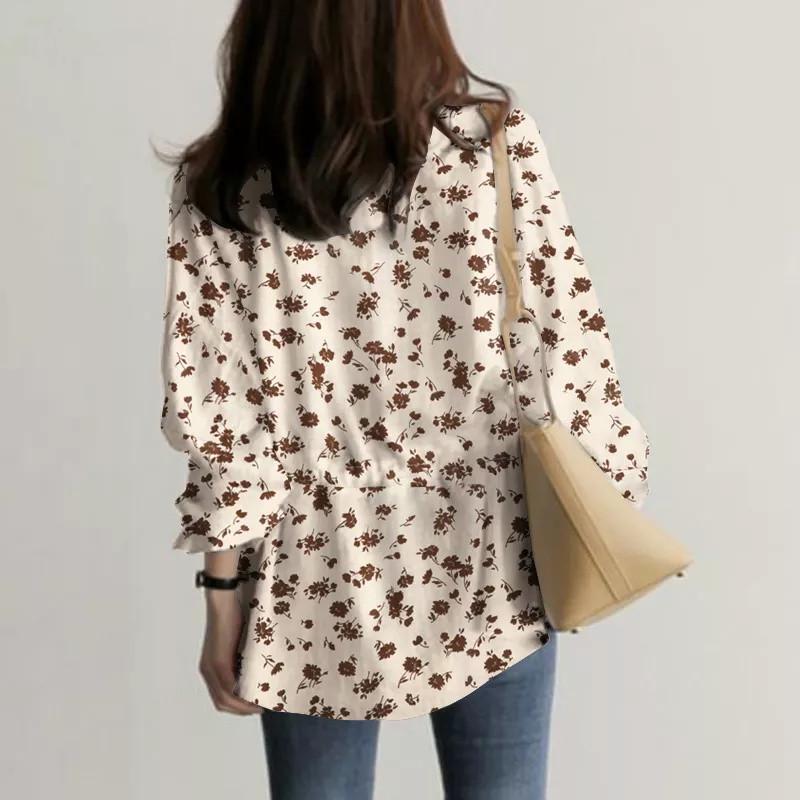 Women's 2024 Puff Sleeve V-Neck Printed Long Blouse with Elastic Waist