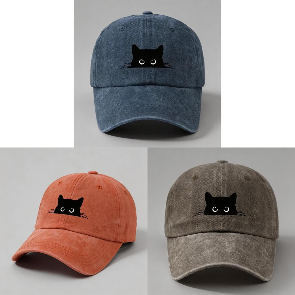 Small Black Cat Print Cotton Baseball Cap With Sun Protection For Casual Outdoor Activities