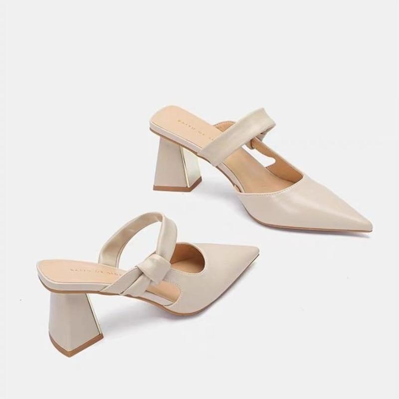 

Модная женская обувь на высоком каблуке, женские тапочки, уличные туфли с острым носком, шлепанцы, женские мюли на квадратном каблуке, 2025, закрытая обувь, мягкие мюли, блочный каблук 34 бежевый