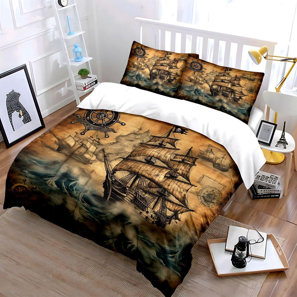 Vintage Pirate Ship Design Bedding Duvet Cover Set Duvet Cover Pillowcases (1*Duvet Cover 2*Pillowcases, without duvet insert)