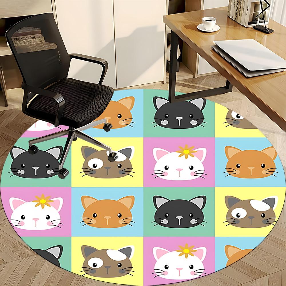 1pc Cat Faces Office Round Area Rug, Mat Suitable ForOffice, Under Office Chairs Bedroom Living Room Home Decor, Room Deco