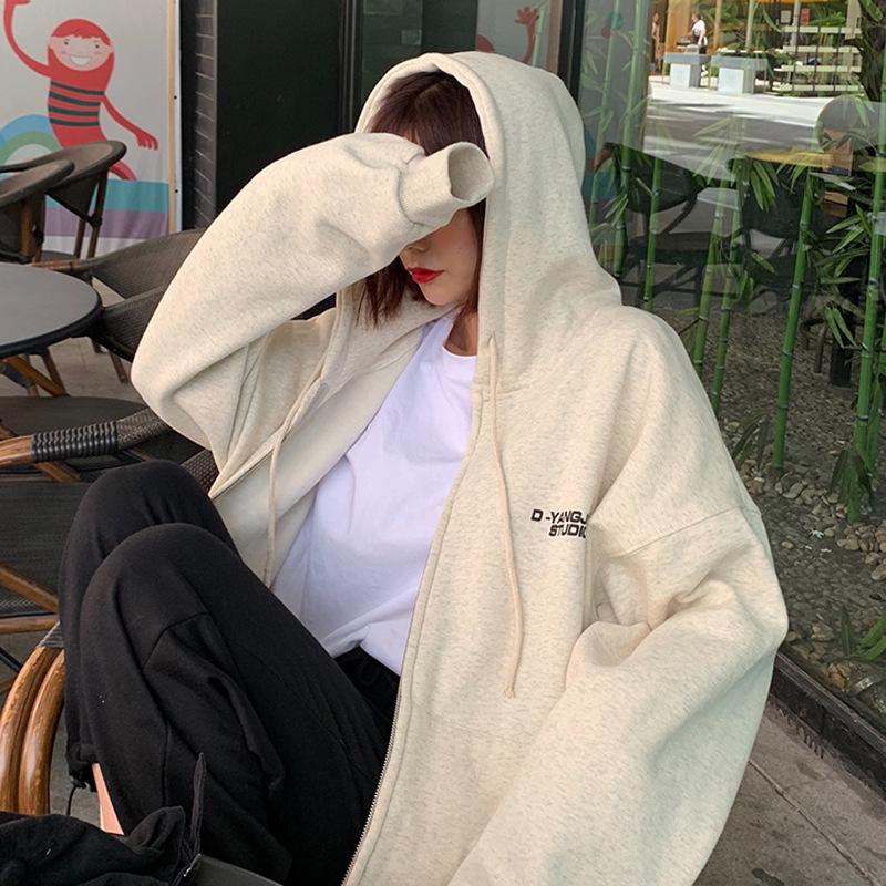 

Женская повседневная толстовка на молнии с флисовой подкладкой - Коллекция осень/зима 2025, Гонконгский стиль, Свободный крой, Японская студенческая верхняя одежда 2XL кремовый/бежевый