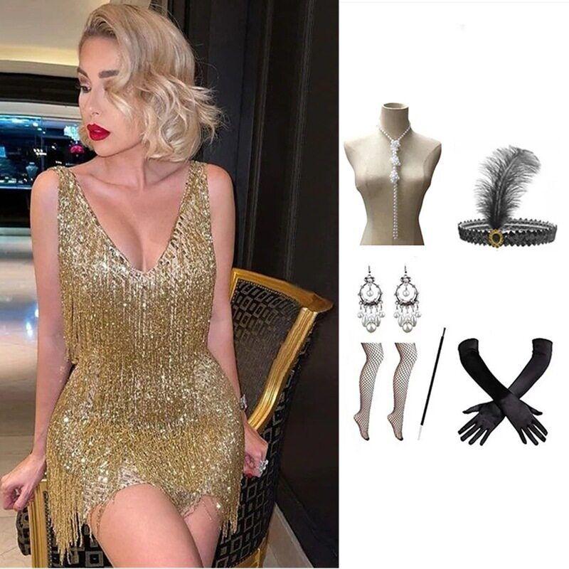 European and American New Style Sequin Dress with Gold Tassels, European and American Dress, Amazon Evening Stage Performance Outfit