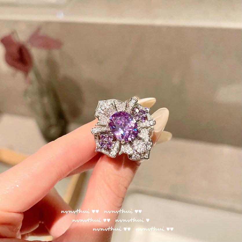 Uruguayan Purple Flower Gemstone Ring Vintage Plated 18K Gold, Tanzanian Amethyst Zircon Ring, Necklace