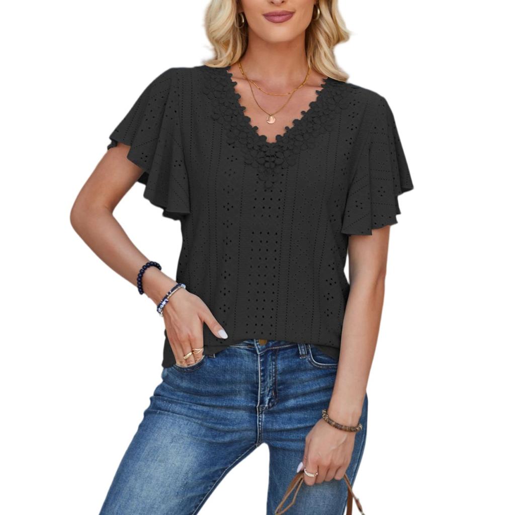 Women's Fashionable Casual Lace V-Neck Ruffle Sleeve Loose T-Shirt