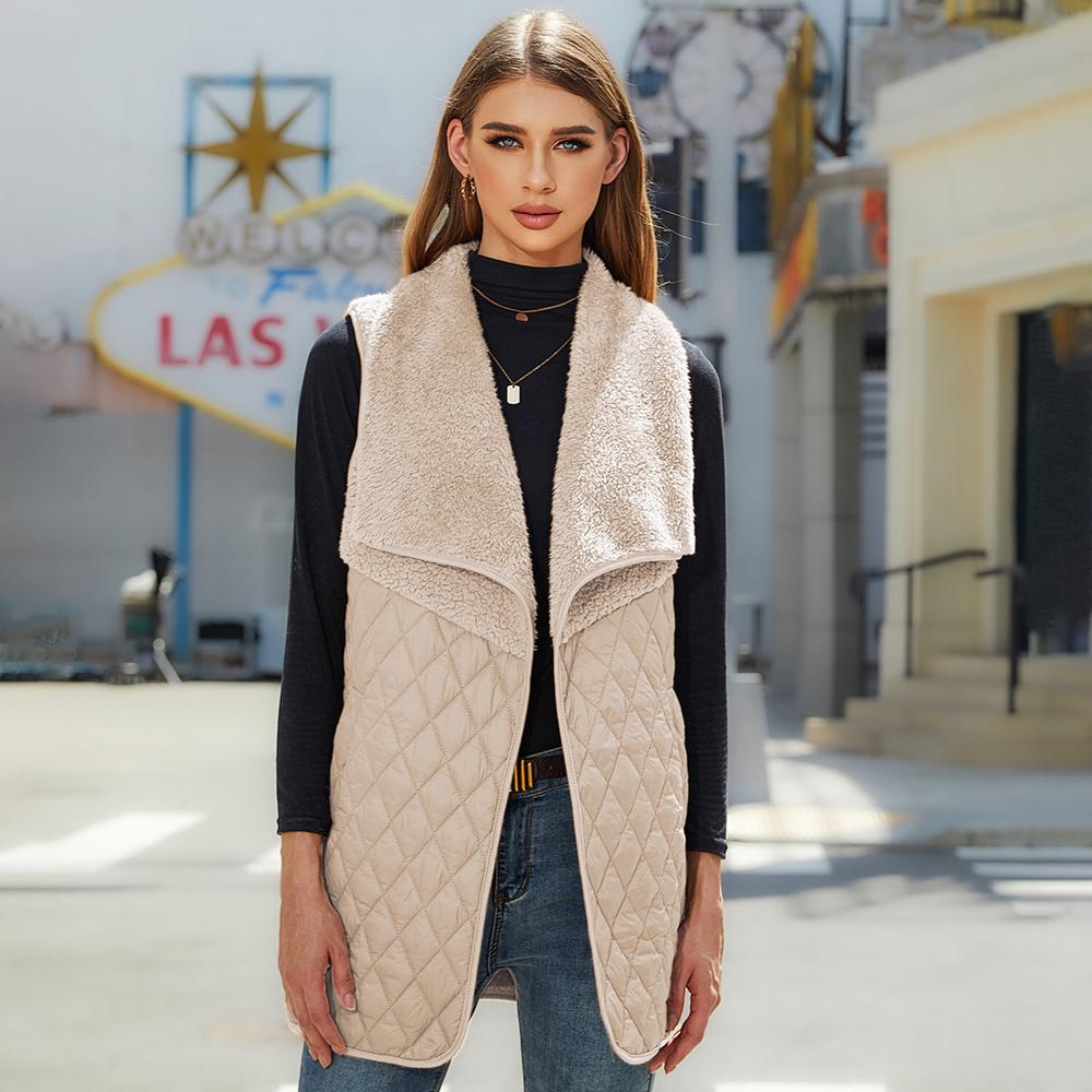 Autumn and Winter Women's Plush Splicing Cardigan Sleeveless Jacket Medium-length Vest