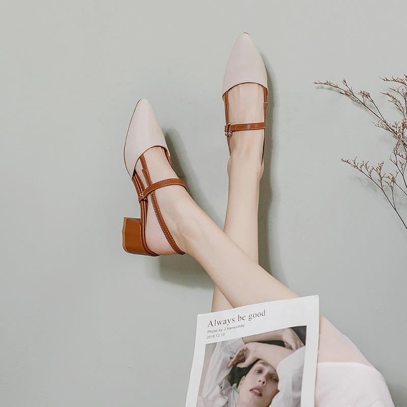 

Yuexinwang кожаные балетки для женской обуви Хуэйчжоу каблуки острый носок холодные тапочки для улицы лето новая сумка голова высокий каблук сандалии 34