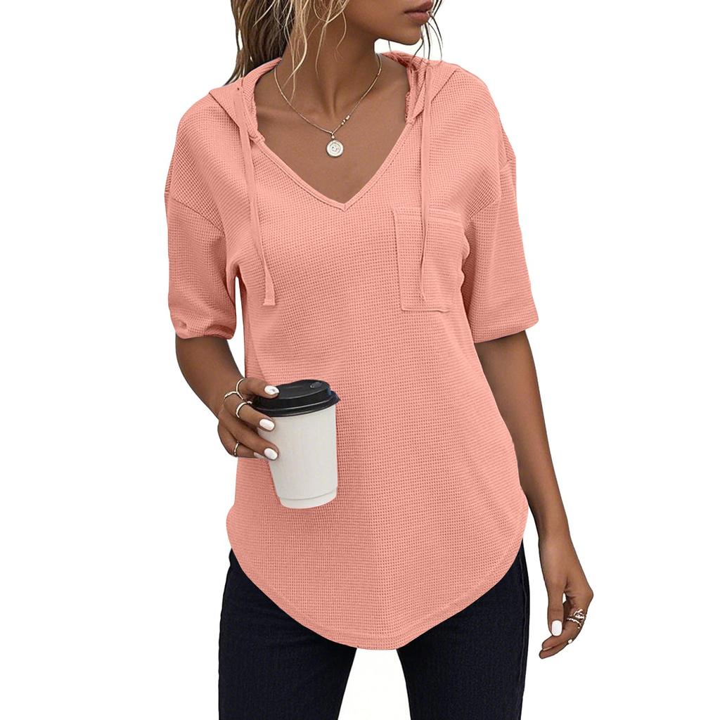 Women's Fashion Summer V-Neck T Shirt Drawstring Hooded Solid Color Short Sleeve Top