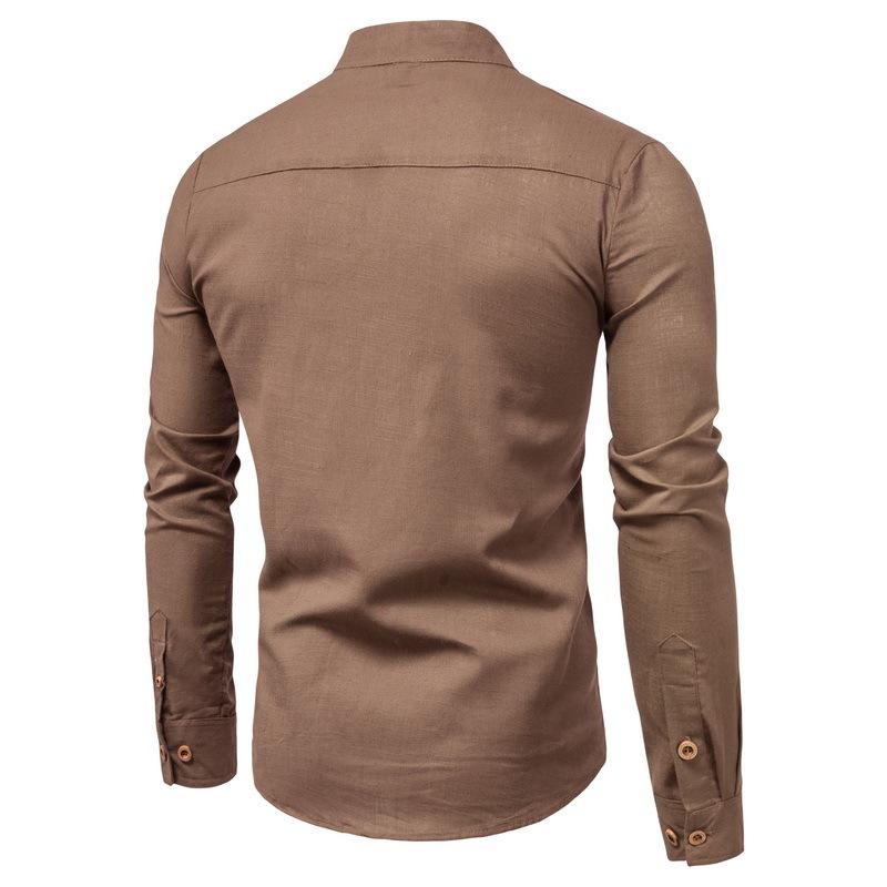 Cotton Linen Men's Long-Sleeved Shirts Summer Solid Color Stand-Up Collar Casual Beach Style Oversized