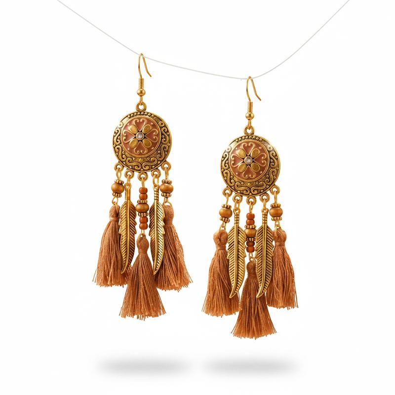 Vintage Bohemian Temperament Tassel Earrings for Women Elegant Long Enamel Rhinestone  Metal Leaf Charm Earrings Ethnic Jewelry