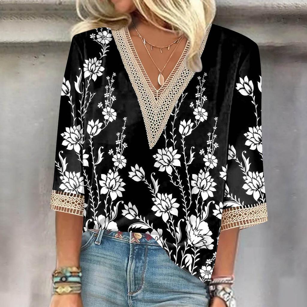 Women's Shirt Blouse Casual Loose Shirts 3/4 Sleeve Lace Trims Print V Neck Tops Print Tops T-shirts Tee
