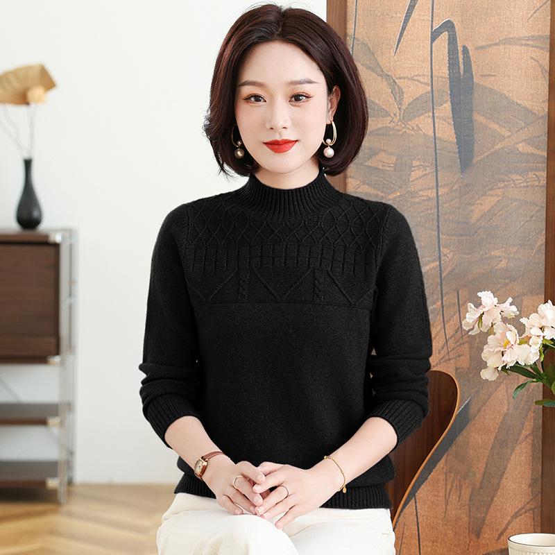 Stylish Winter Fleece Sweater for Middle-Aged & Elderly Women - Half High Neck, Plus Velvet, Warm Base Shirt