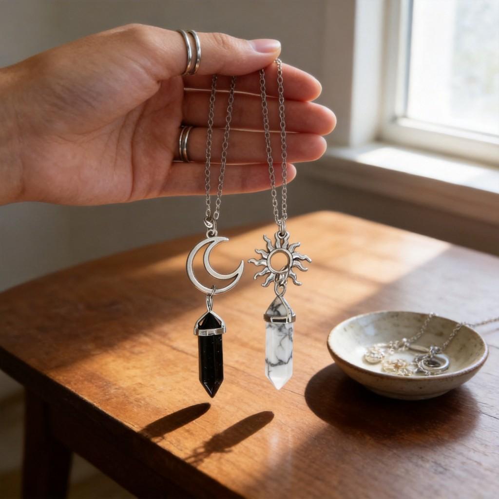 Moon And Sun Crystal Pendant Necklace With Alloy Chain For Fashionable Women And Men