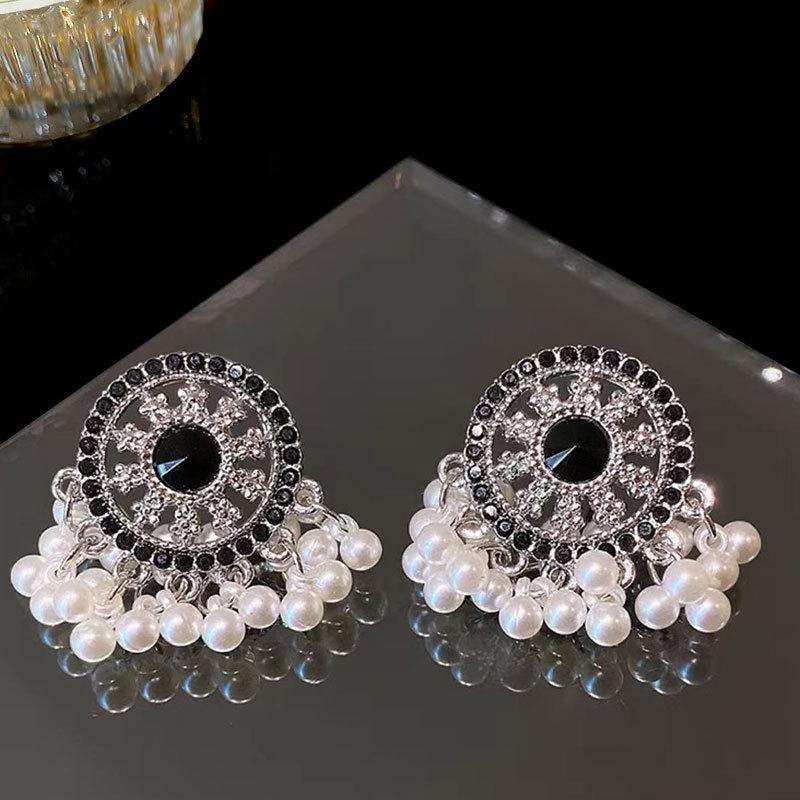 Серьги с жемчужной бахромой «Девушка Мяоцзян» Ретро Этнический стиль Черные круглые серьги-гвоздики Уникальные персонализированные серьги