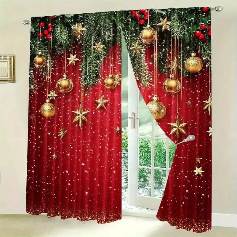 Set Of 2 Sparkling Golden Stars Curtains Designchristmas Materialpolyester Holiday Decor Home Curtain Made Polyester With Rod Pocket