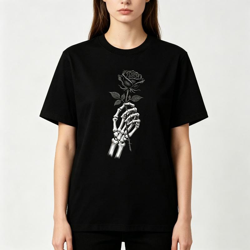 Gothic Skull Hand Rose Graphic Tee ForCasual Streetwear Cool Dark Aesthetic Rose In Skeleton Hand Tee for Street Fashion Lovers