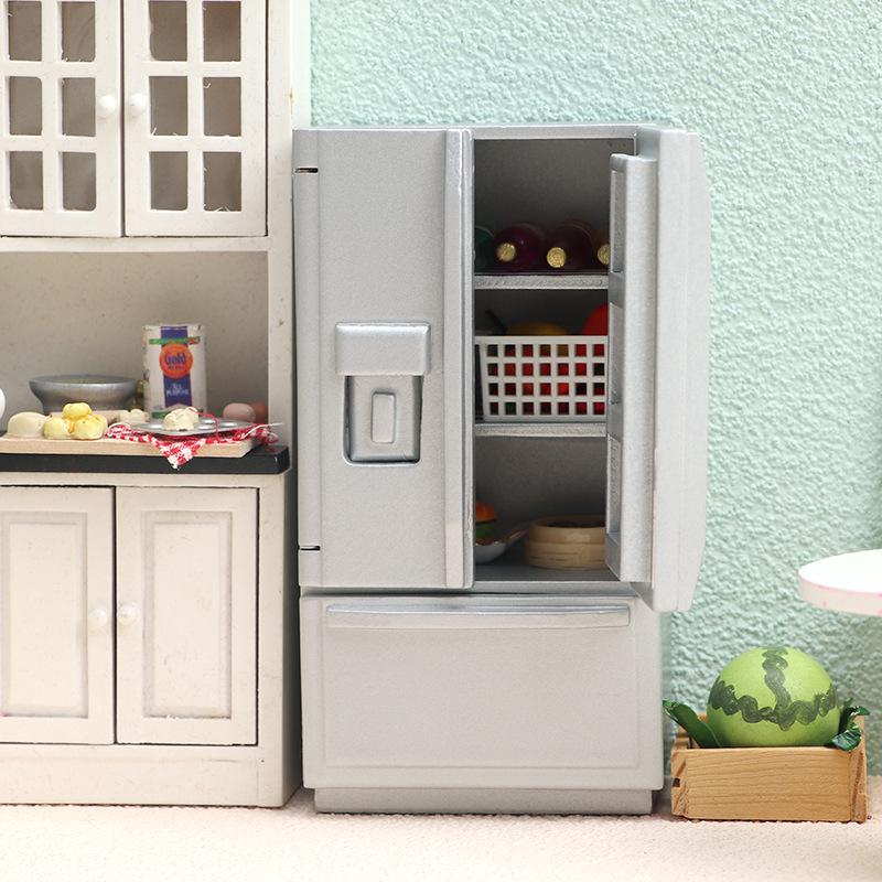 1:12 Dollhouse Miniature Kitchen Double-Door Refrigerator in White/Silver-Gray