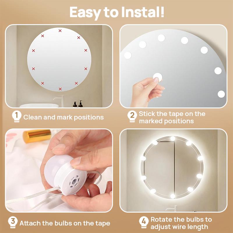 Hollywood Style LED Vanity Light with Touch-Controlled Three-Color Stepless Dimming