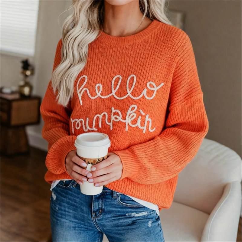 

2025 New Style Long Sleeve Hello Jacquard Wool Cross-border Casual Round Neck Sweater. 4XL помаранчевий