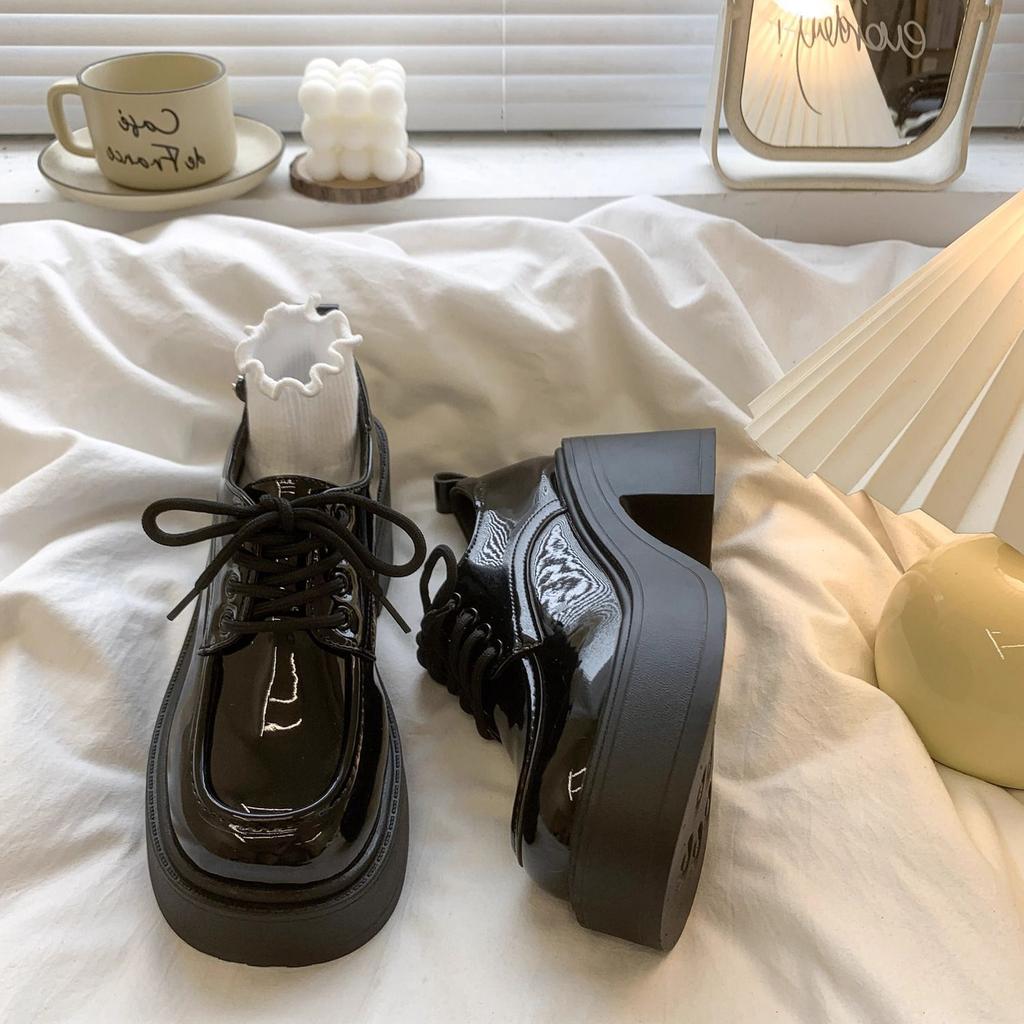 Women'S Platform High Heel Mary Jane Leather Shoes  Spring Autumn New Vintage British Height Increase Lace Up Loafers