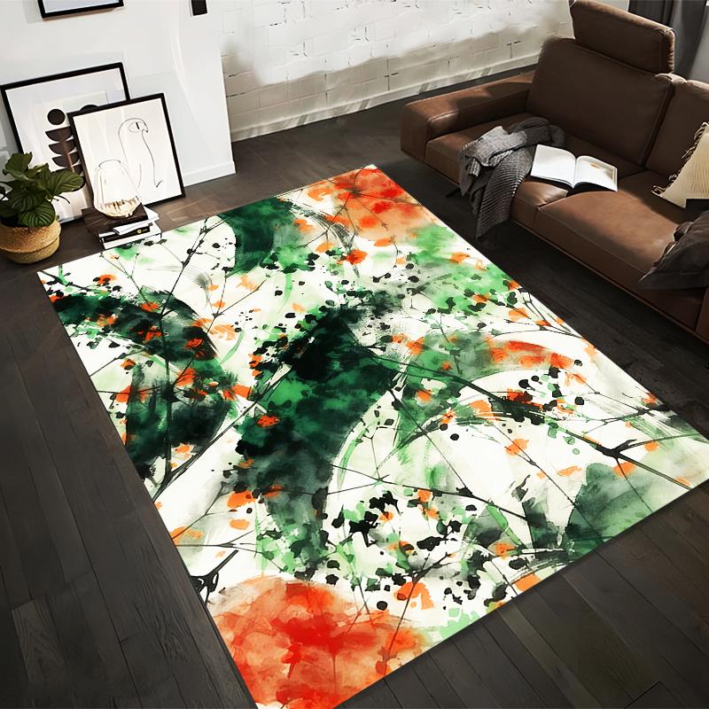 Abstract Art Style Carpet with Green, Orange, and White Modern Design Suitable for use as an anti-slip for living room bedroom sofas