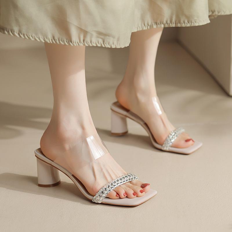 

Limited welfare payment, transparent flash diamond strip with sandals women s high heel thick heel open-toed slippers women s outer wear 39